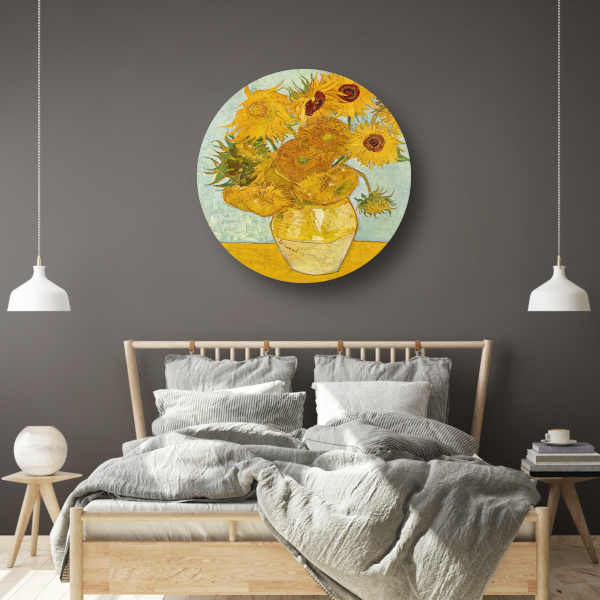 Vaas met twaalf zonnebloemen - Vincent van Gogh aluminium muurcirkel