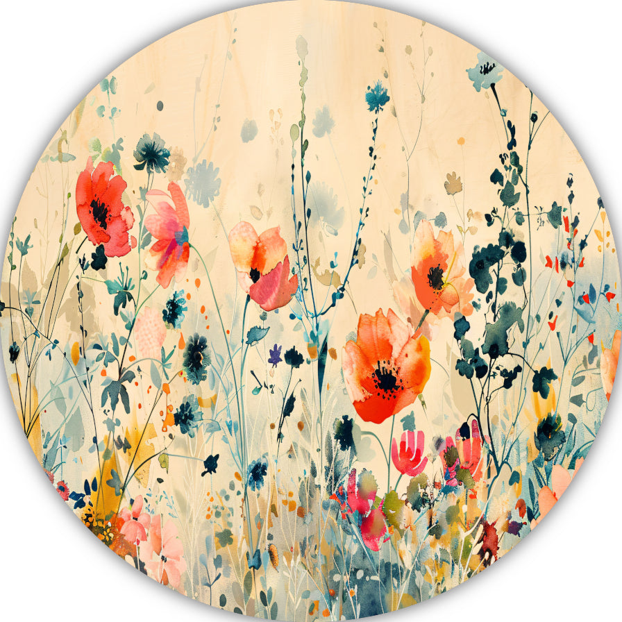 Abstract aquarel schilderij van kleurrijke wilde bloemen aluminium muurcirkel
