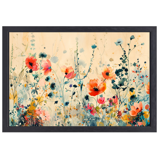 Abstract aquarel schilderij van kleurrijke wilde bloemen canvas met baklijst