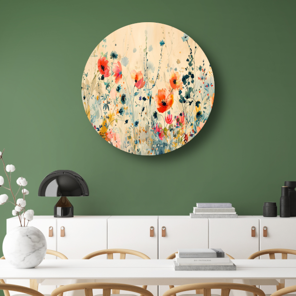 Abstract aquarel schilderij van kleurrijke wilde bloemen forex muurcirkel