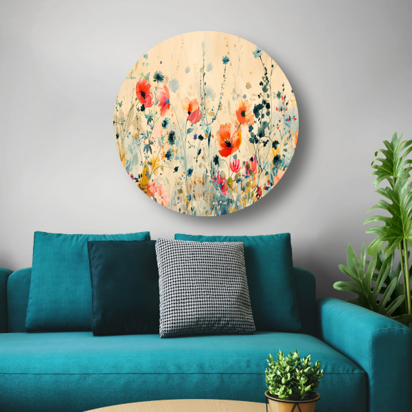 Abstract aquarel schilderij van kleurrijke wilde bloemen forex muurcirkel