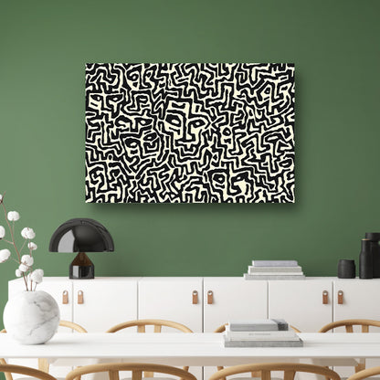 Abstract zwart-wit kunstwerk met gezichten canvas met baklijst