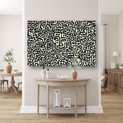 Abstract zwart-wit kunstwerk met gezichten canvas met baklijst