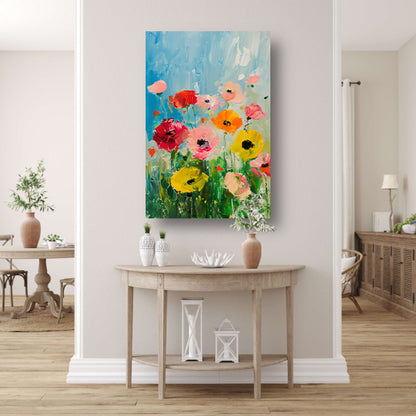 Abstracte kleurrijke bloemen in een veld canvas met baklijst