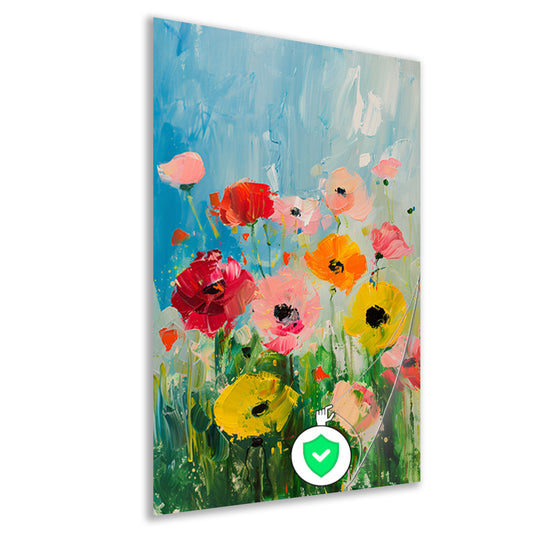 Abstracte kleurrijke bloemen in een veld poster