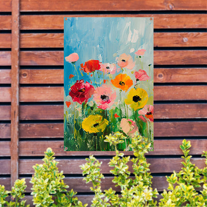 Abstracte kleurrijke bloemen in een veld tuinposter