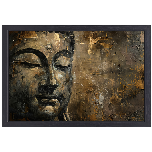 Boeddha portret met gouden en zwarte abstracte achtergrond canvas met baklijst