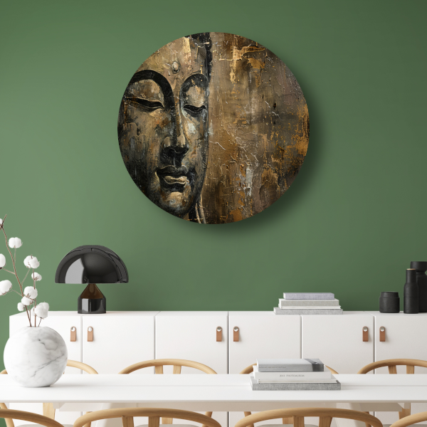 Boeddha portret met gouden en zwarte abstracte achtergrond forex muurcirkel