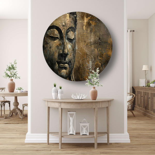 Boeddha portret met gouden en zwarte abstracte achtergrond forex muurcirkel