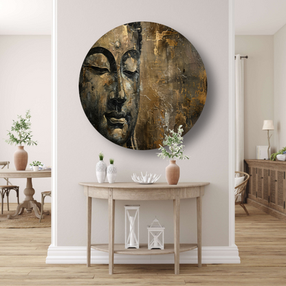 Boeddha portret met gouden en zwarte abstracte achtergrond forex muurcirkel