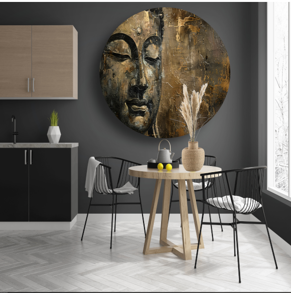 Boeddha portret met gouden en zwarte abstracte achtergrond forex muurcirkel