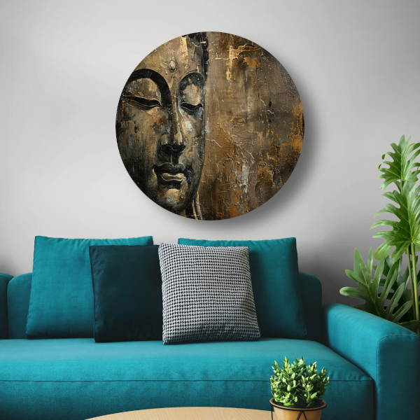 Boeddha portret met gouden en zwarte abstracte achtergrond forex muurcirkel