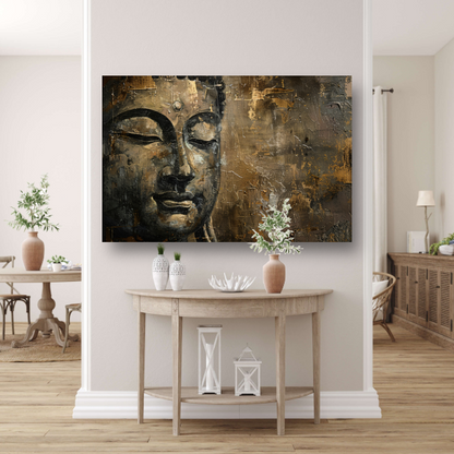 Boeddha portret met gouden en zwarte abstracte achtergrond poster