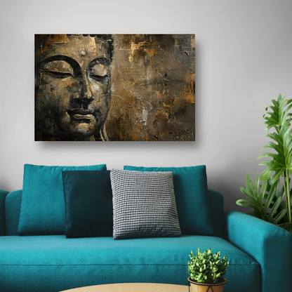 Boeddha portret met gouden en zwarte abstracte achtergrond poster