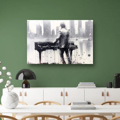 Pianist tegen de achtergrond van een wazige stad poster