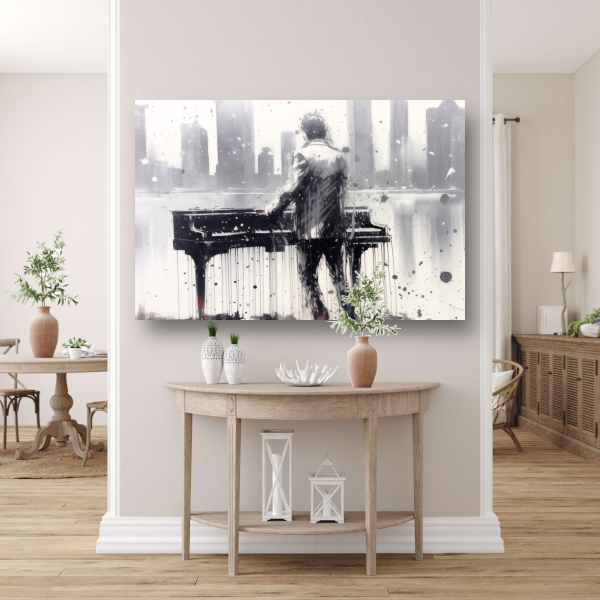 Pianist tegen de achtergrond van een wazige stad poster
