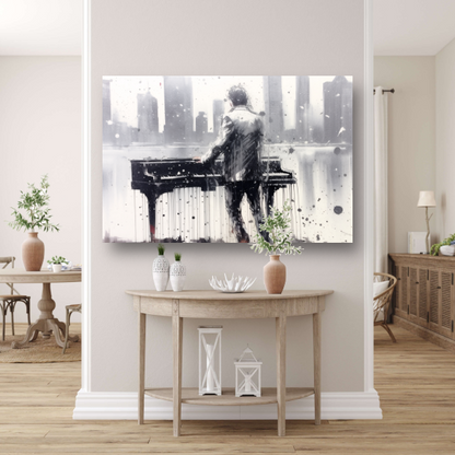 Pianist tegen de achtergrond van een wazige stad poster