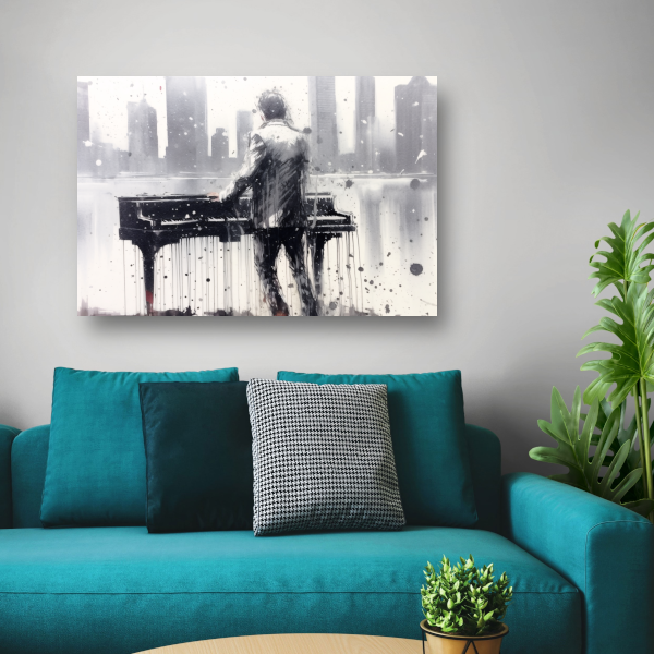 Pianist tegen de achtergrond van een wazige stad canvas