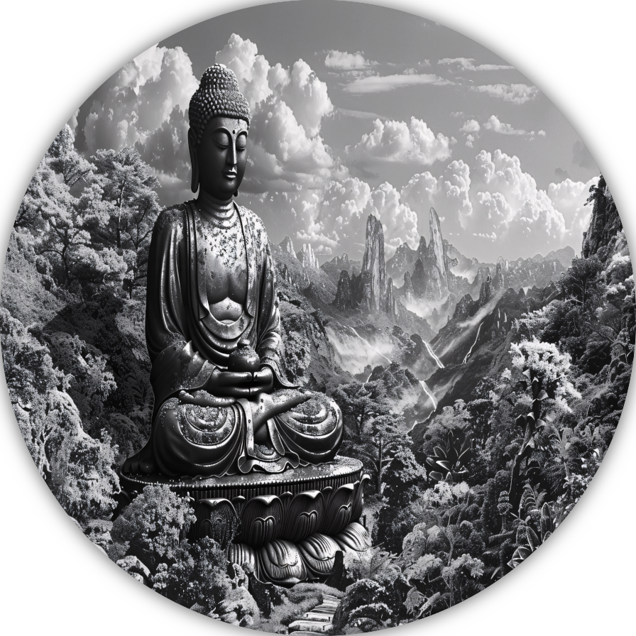 Serene Boeddha in monochroom berglandschap forex muurcirkel