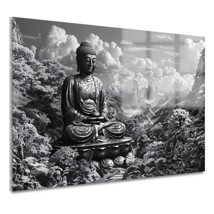Serene Boeddha in monochroom berglandschap acrylglas