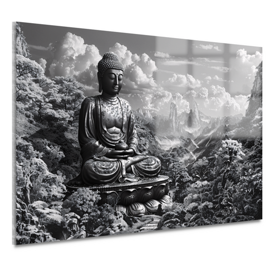 Serene Boeddha in monochroom berglandschap acrylglas