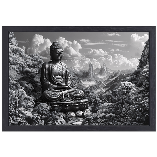 Serene Boeddha in monochroom berglandschap canvas met baklijst