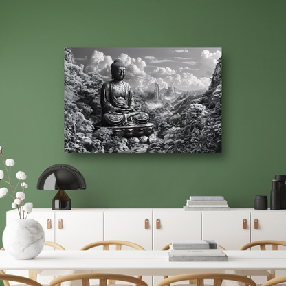 Serene Boeddha in monochroom berglandschap canvas met baklijst