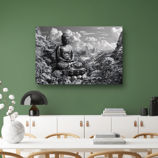 Serene Boeddha in monochroom berglandschap poster