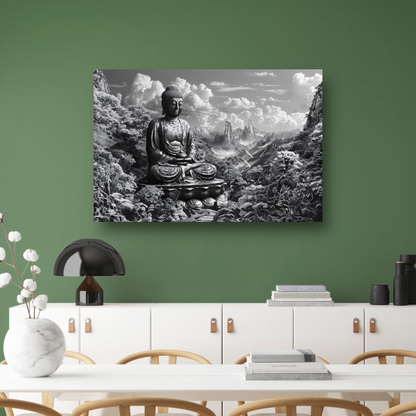 Serene Boeddha in monochroom berglandschap poster