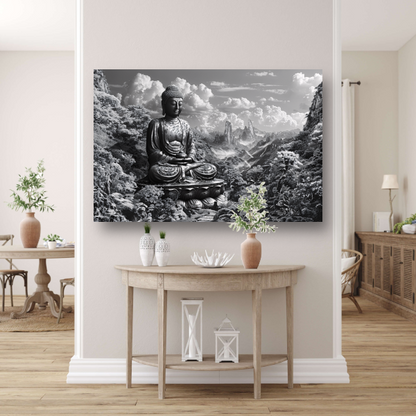 Serene Boeddha in monochroom berglandschap poster