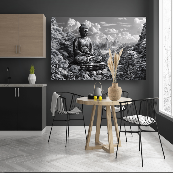 Serene Boeddha in monochroom berglandschap poster