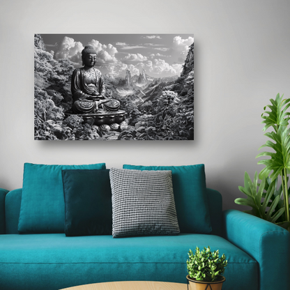 Serene Boeddha in monochroom berglandschap poster