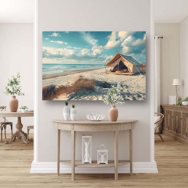 Minimalistische tent op het strand acrylglas