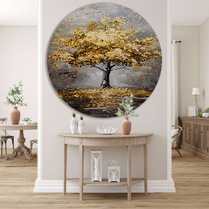 Majestueuze gouden boom in abstract landschap aluminium muurcirkel
