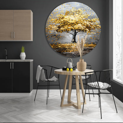 Majestueuze gouden boom in abstract landschap aluminium muurcirkel