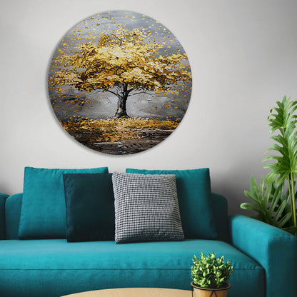 Majestueuze gouden boom in abstract landschap aluminium muurcirkel