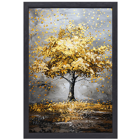 Majestueuze gouden boom in abstract landschap canvas met baklijst