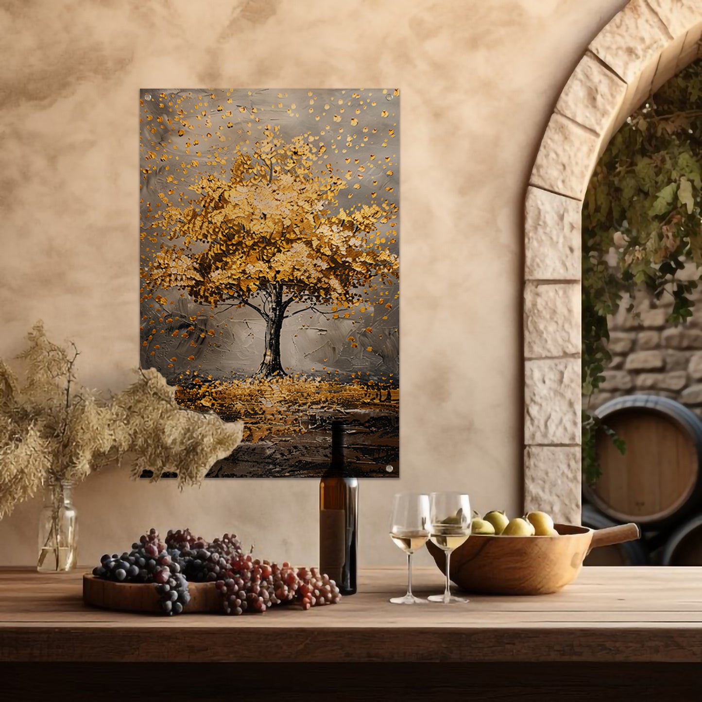 Majestueuze gouden boom in abstract landschap tuinposter