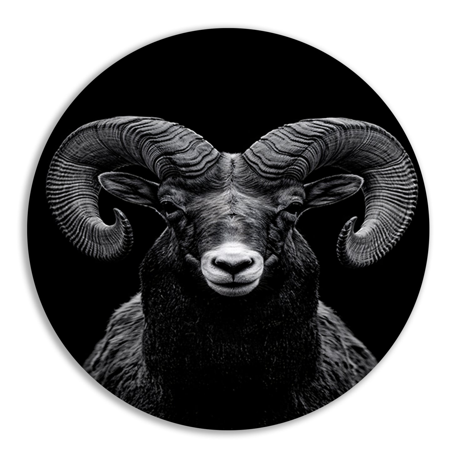 Indrukwekkend zwart-wit portret van een majestueuze ram aluminium muurcirkel