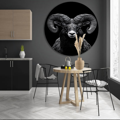 Indrukwekkend zwart-wit portret van een majestueuze ram aluminium muurcirkel