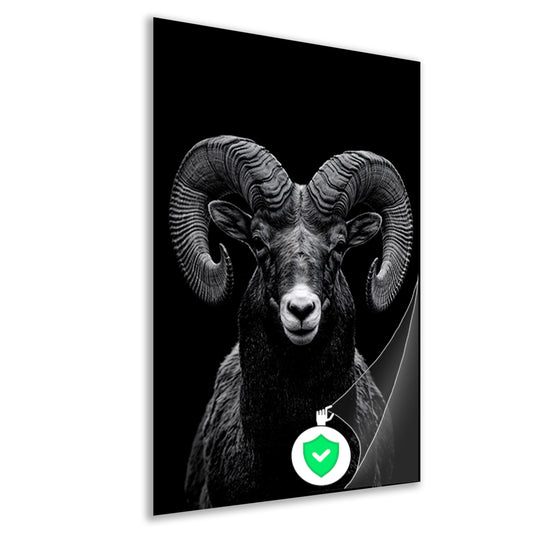 Indrukwekkend zwart-wit portret van een majestueuze ram poster