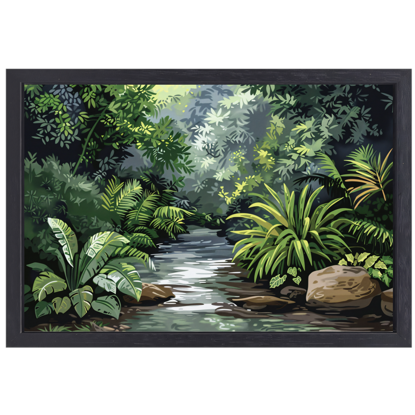 Impressionistische rivier in jungle canvas met baklijst
