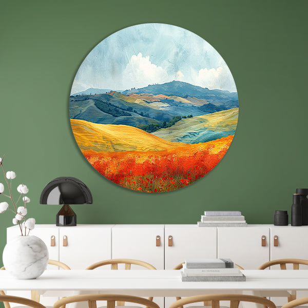 Zomerlandschap met Kleurrijke Velden aluminium muurcirkel