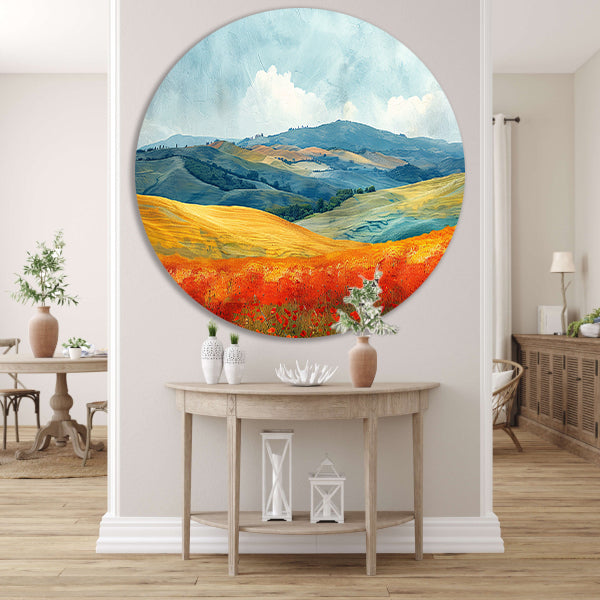 Zomerlandschap met Kleurrijke Velden aluminium muurcirkel