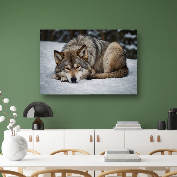 Slapende wolf in winterlandschap acrylglas