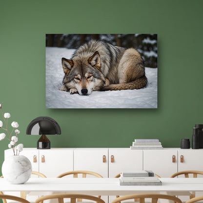 Slapende wolf in winterlandschap canvas met baklijst