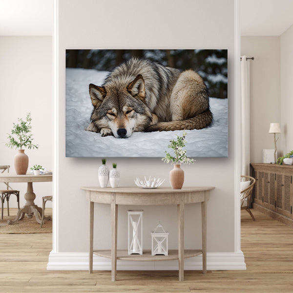 Slapende wolf in winterlandschap canvas met baklijst