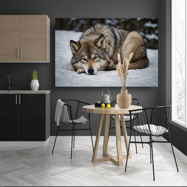 Slapende wolf in winterlandschap canvas met baklijst