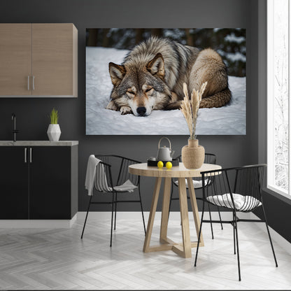 Slapende wolf in winterlandschap canvas met baklijst