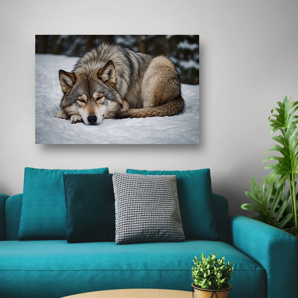 Slapende wolf in winterlandschap canvas met baklijst
